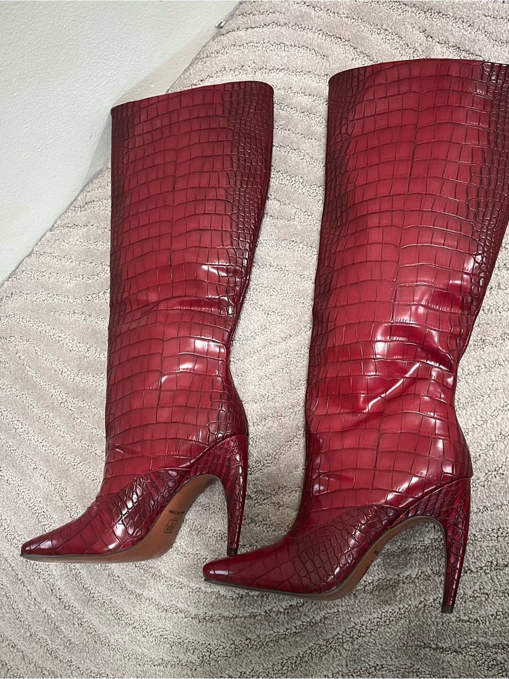 Women's NEW sexy Red Croc-Textured Square Toe High Heel Boots